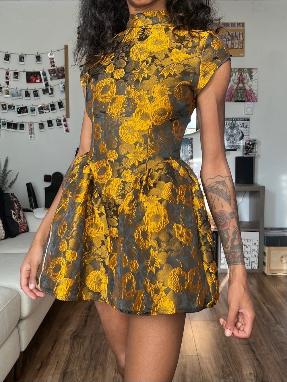 Yellow Floral Jacquard Fit & Flare Dress